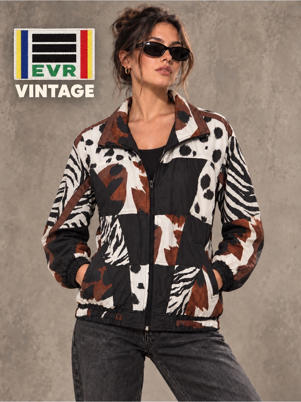 Vintage EVR Animal Print Patchwork Windbreaker Jacket Pristine 80s 90s P Medium